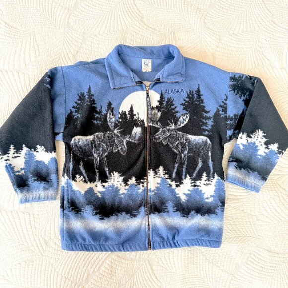 Vintage Other - Vintage 90s Moose Forest Full Moon Alaska Fleece Zippered Jacket Size M Gorpcore